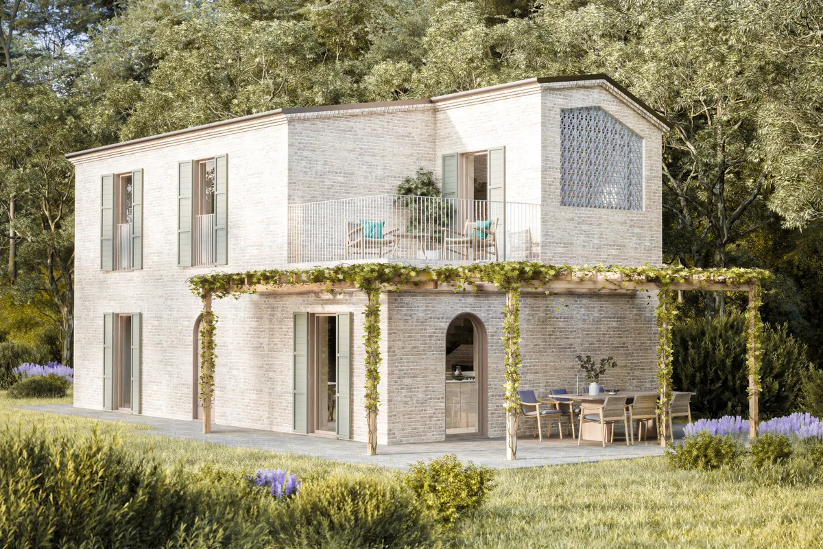 Render del Casale Fioresta restaurato, con il pergolato